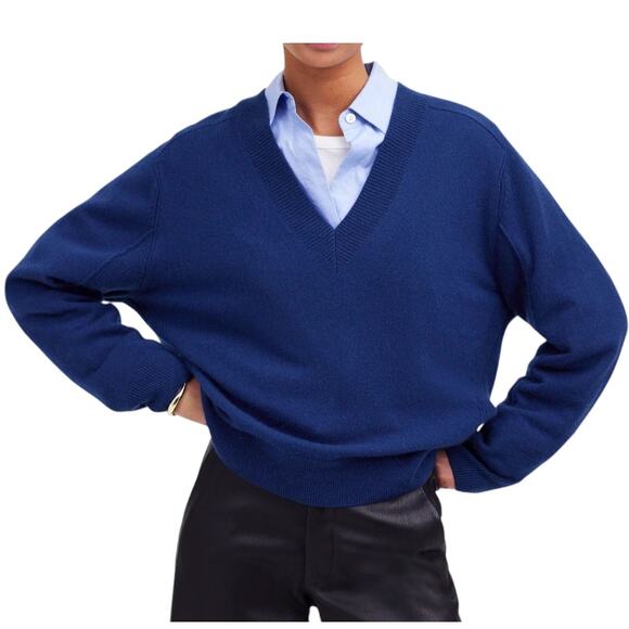 Madewell Cashmere V Neck Sweater Bright Cobalt Blue Pullover Relaxed Fit Small - Picture 1 of 8